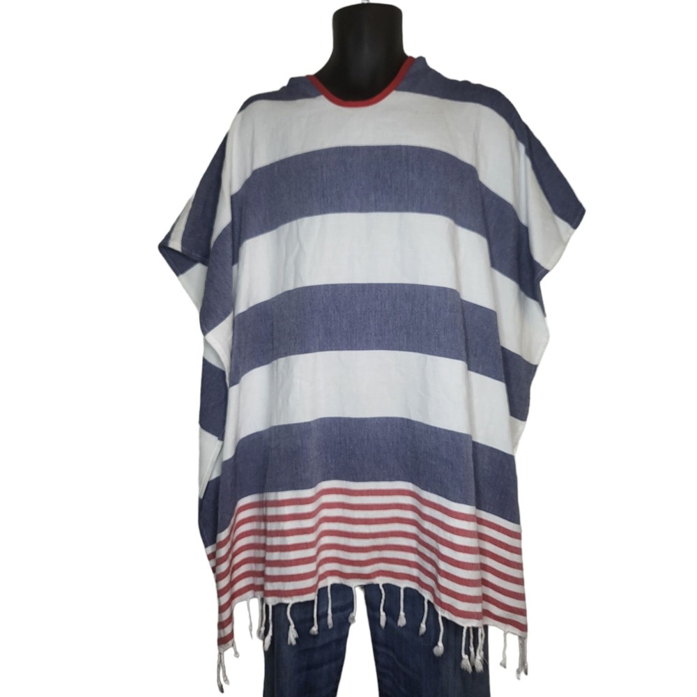 Turkish T Striped Hooded‎ Poncho Women One Size Blue White Red Fringe Cape Wrap